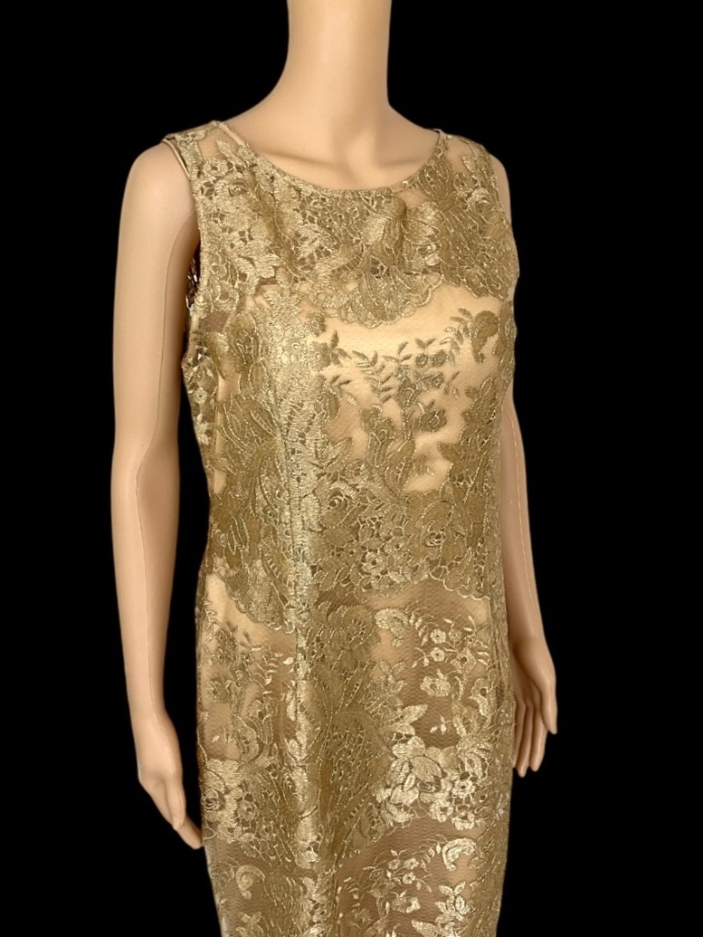 NWT Adrianna Papell Beige Gold Lace Embroidered Cocktail Dress Sleeveless Size12